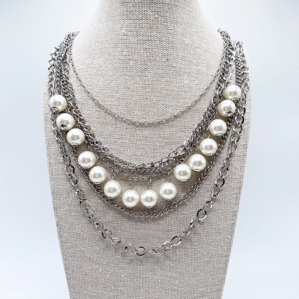 New York & Company Silver Tone Faux Pearl Multi Strand Necklace Statement 17"